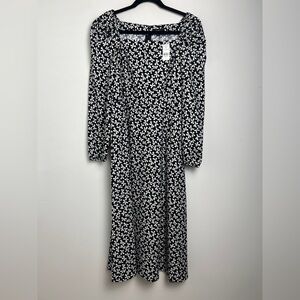NEW Ann Taylor Size 6 Black‎ Bow Print Puff Sleeve Square Neck Midi Dress